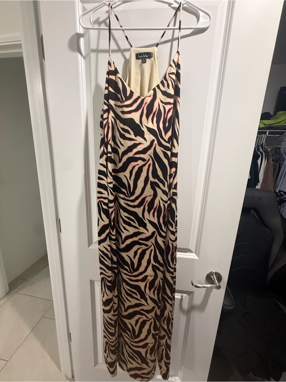Nicole Miller XL Beige Zebra Print Slip Dress with Black & Brown Accents